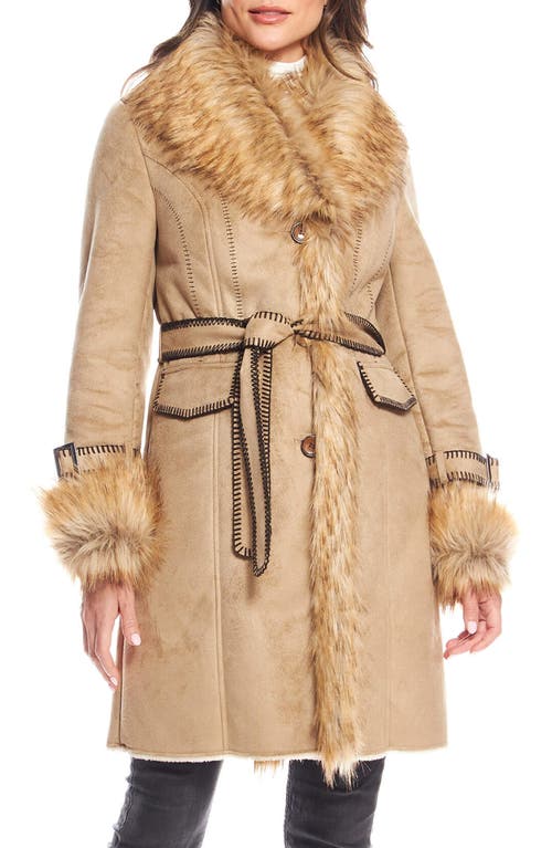 DONNA SALYERS FABULOUS FURS Dakota Belted Faux Suede Coat with Faux Fur Trim in Latte 