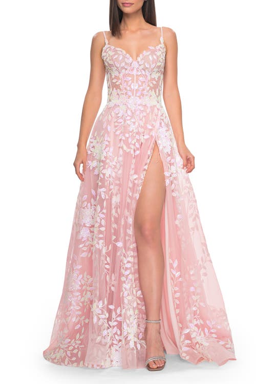 La Femme Sequin Lace Print Tulle A-line Prom Dress With Illusion Bodice