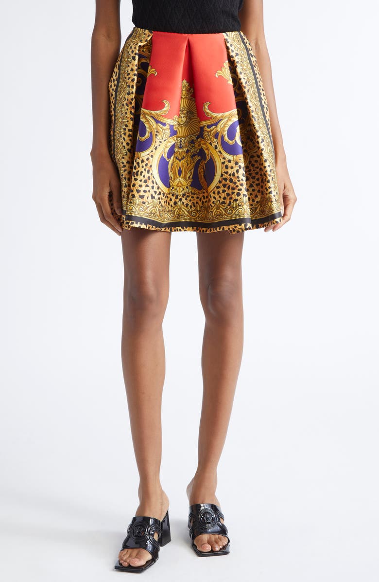 Versace Duchess Cheetah Barocco Pleated Silk Blend Skirt, Main, color, Scarlet Ultramarine