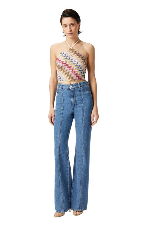 Lamé Viscose Lace Top With Halter Neckline