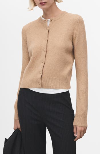 Mango Covered Button Crewneck Cardigan In Brown