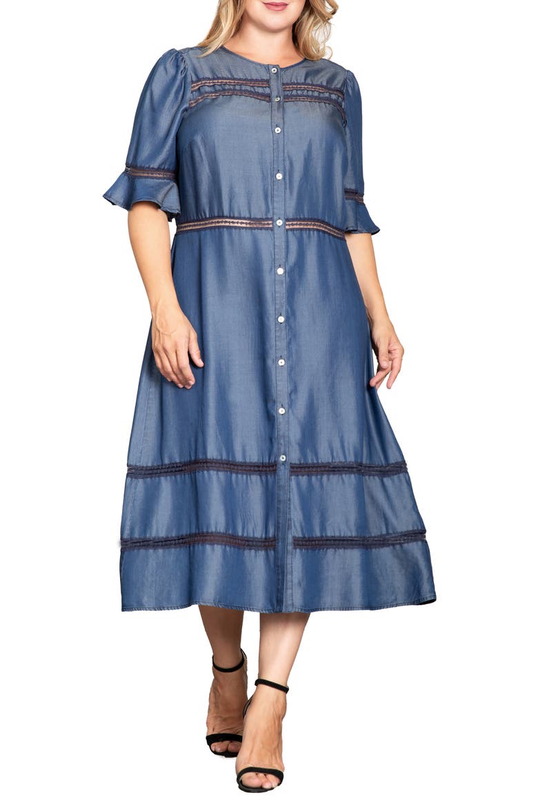 Lace Inset Tencel® Lyocell Midi Dress, Main, color, BLUE RINSE