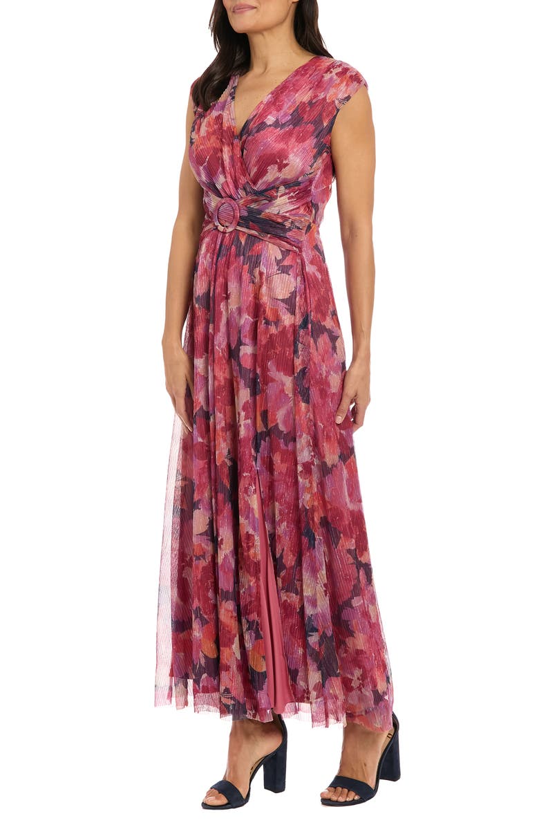 London Times Floral Sleeveless Belted Plissé Maxi Dress, Alternate, color,