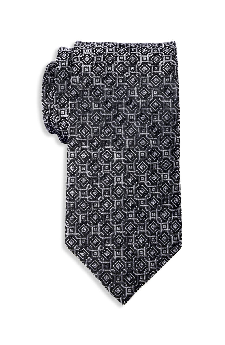 Oak Hill Premium by DXL Big & Tall Tonal Geometric Link Silk Tie, Main, color, Black