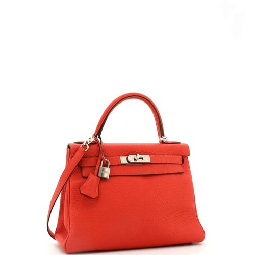 Pre-owned Hermes  Hermes Kelly Handbag Red Clemence With Palladium Hardware 28 In Red