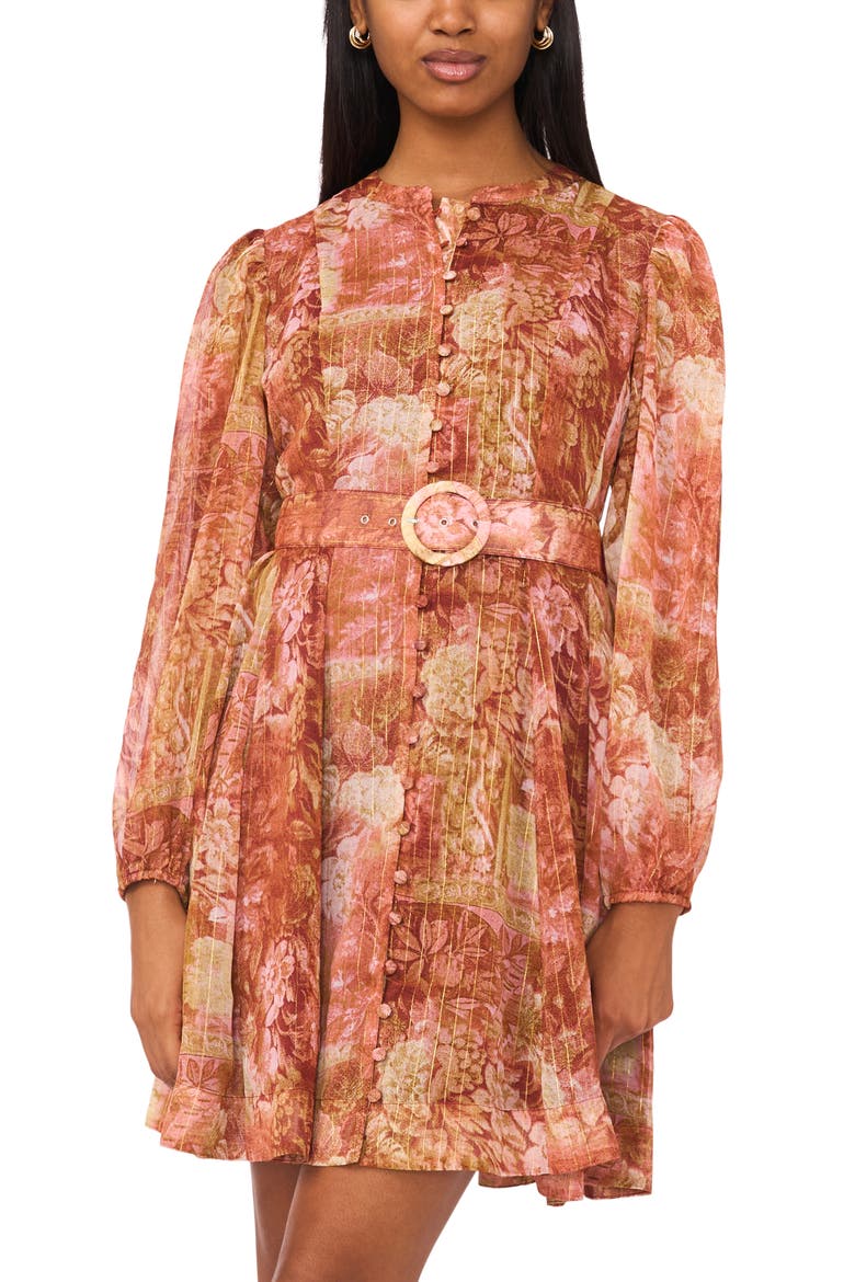 Floral Long Sleeve Belted A-Line Dress, Alternate, color, VINTAGE PEARL