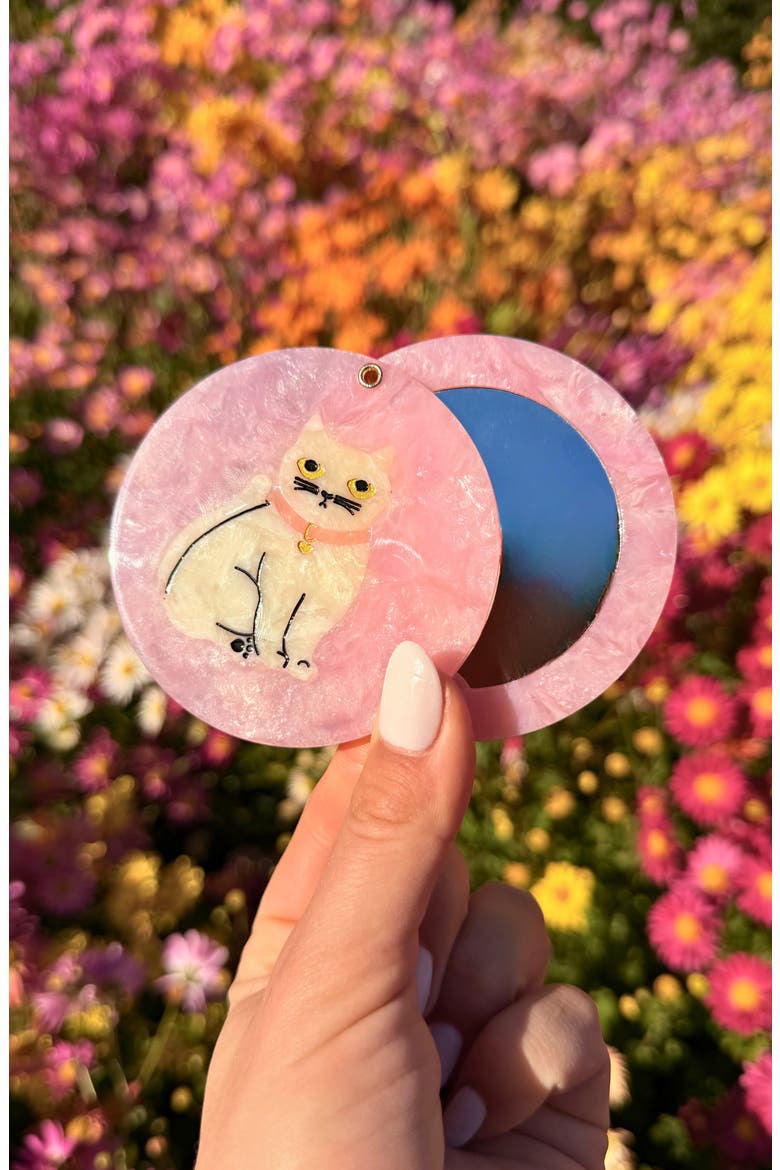 Hand Painted Kawaii Cat Compact Mirror, Alternate, color, PINK