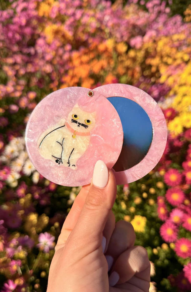 Solar Eclipse Hand Painted Kawaii Cat Compact Mirror, Alternate, color, Pink