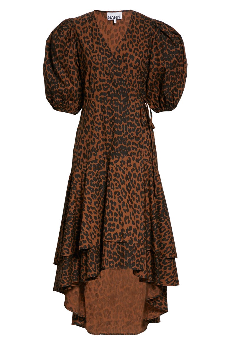 Puff Sleeve Organic Cotton High/Low Wrap Dress, Alternate, color, TOFFEE