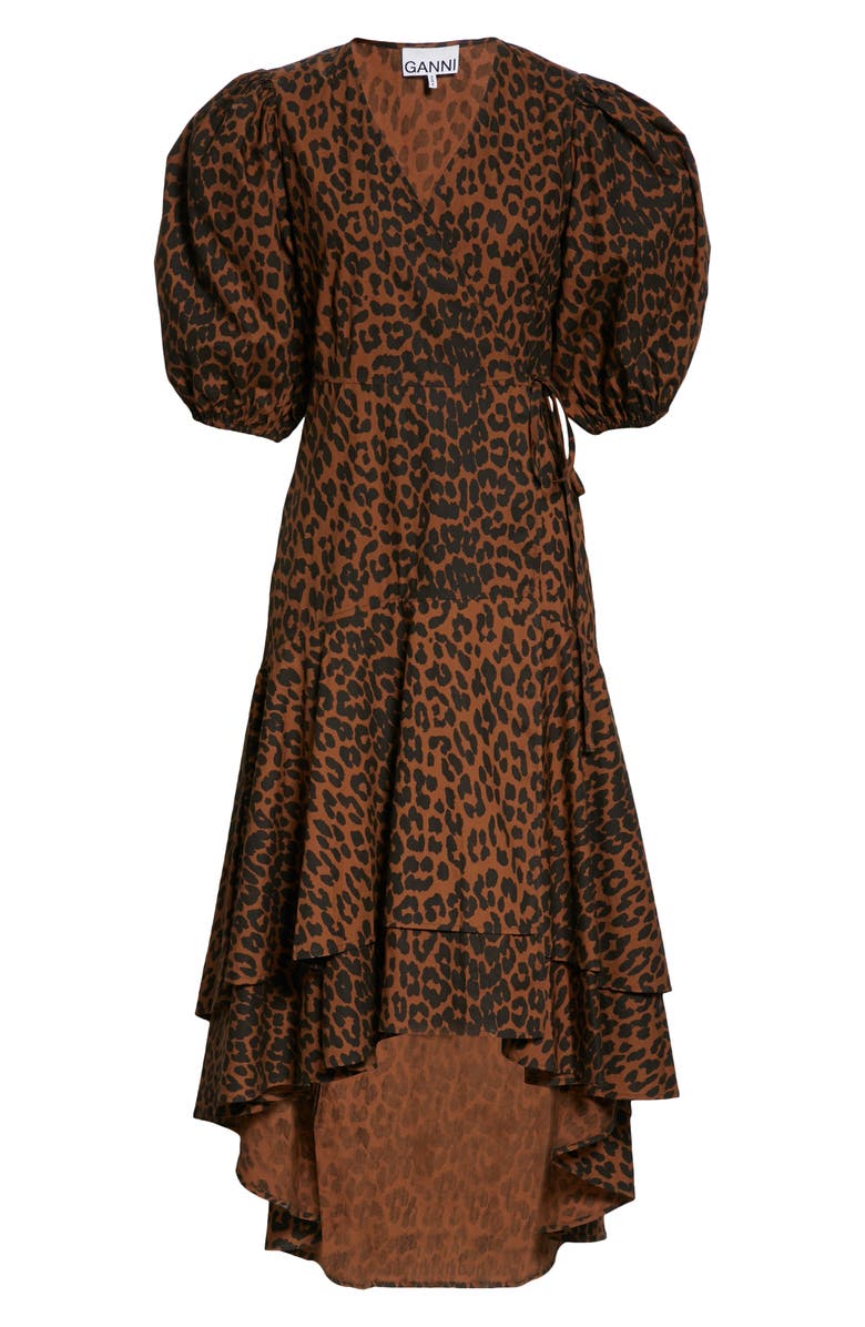 Ganni Puff Sleeve Organic Cotton High/Low Wrap Dress, Alternate, color, 