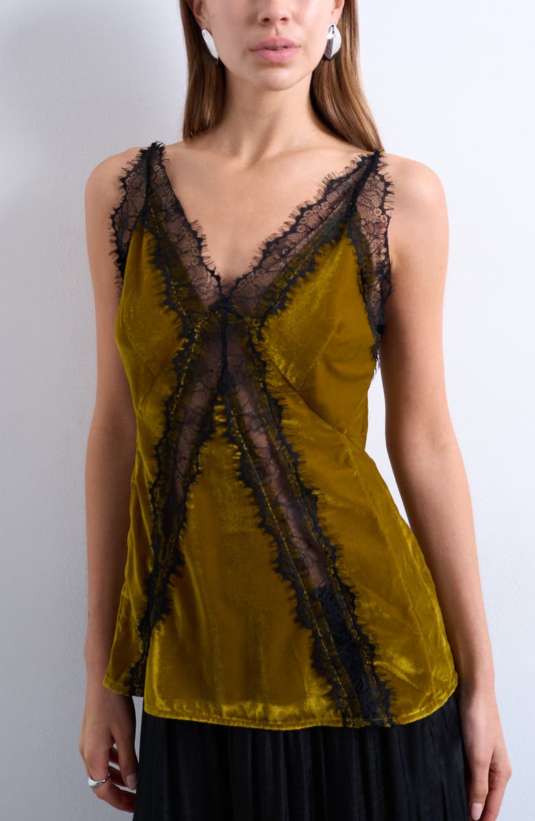 Topshop Velvet & Lace Camisole, Main, color, Olive