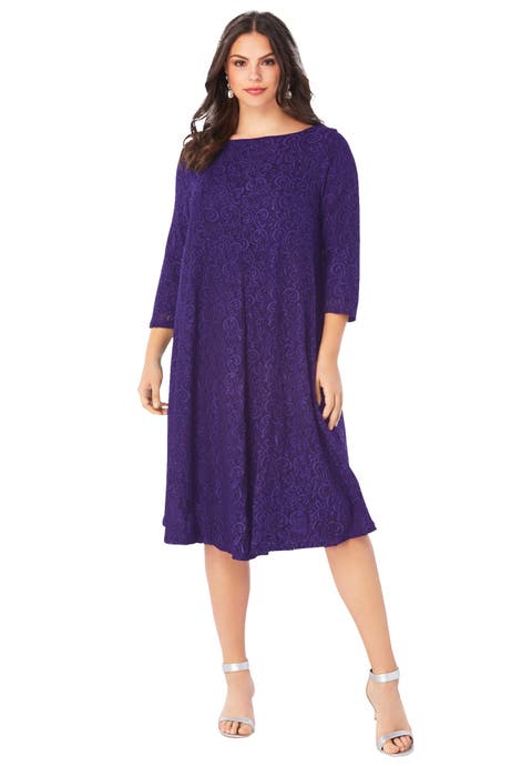 Plus-Size 3/4 Sleeve Boatneck Lace Swing Dress (Plus)