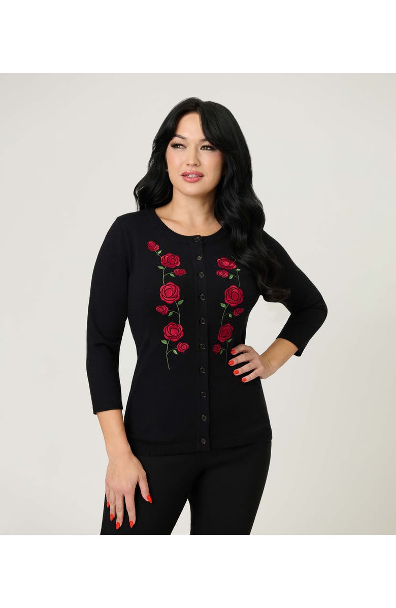 Unique Vintage Bookworm Cardigan, Alternate, color, Black W/ Red Roses