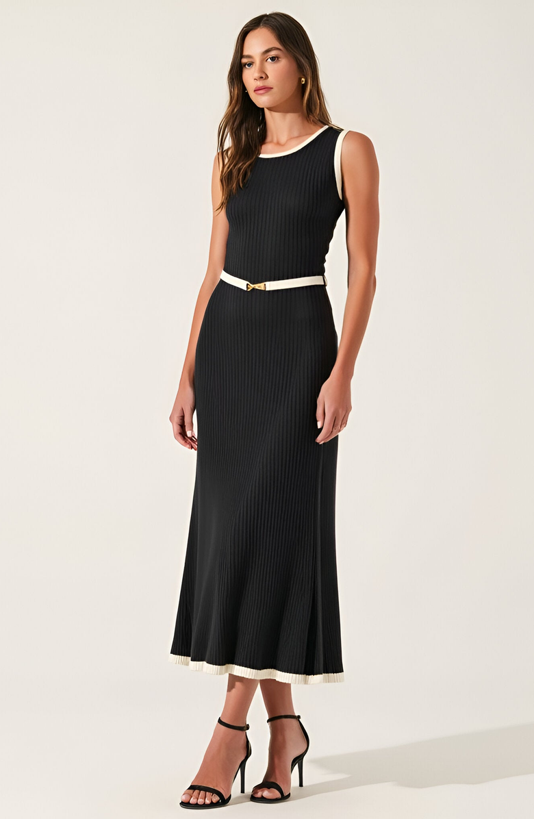 Modenaire Sleeveless Ribbed Midi Dress with Contrast Trim and Waist Belt Detail, Main, color, 