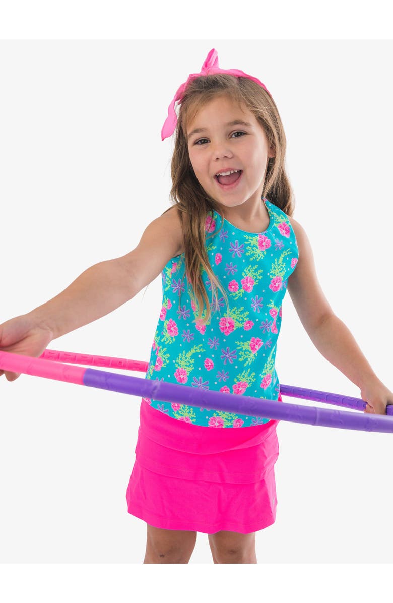 RuffleButts Girls UPF50+ Active Tank Top, Alternate, color, Neon Happy Hibiscus
