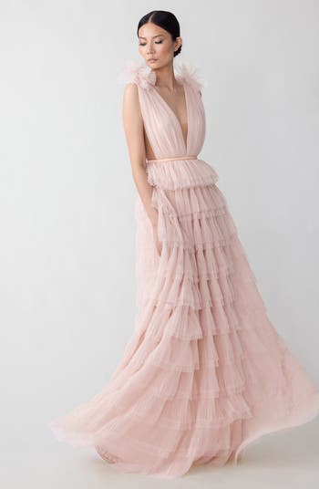 Sabrina Plunge Neck Tiered Tulle Gown