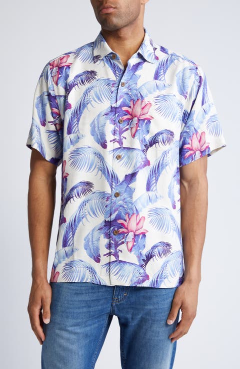 Orchid Botanic Print Short Sleeve Silk Button-Up Shirt