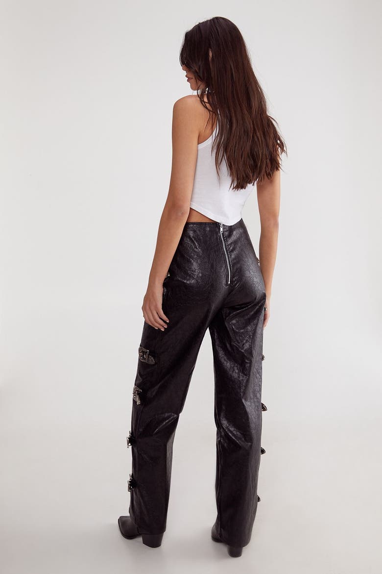 Faux Leather Buckle Detail Pants, Alternate, color, Black