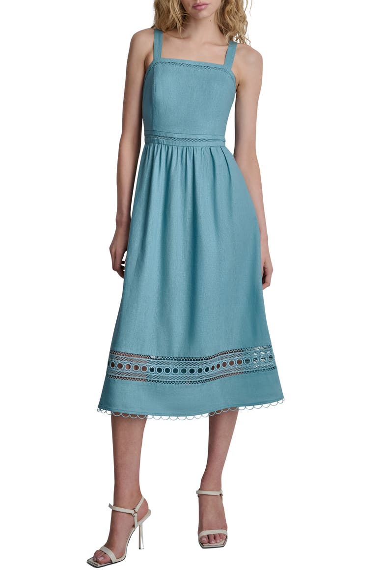 Eyelet Embroidery Linen Blend A-Line Dress, Main, color, CAMEO BLUE