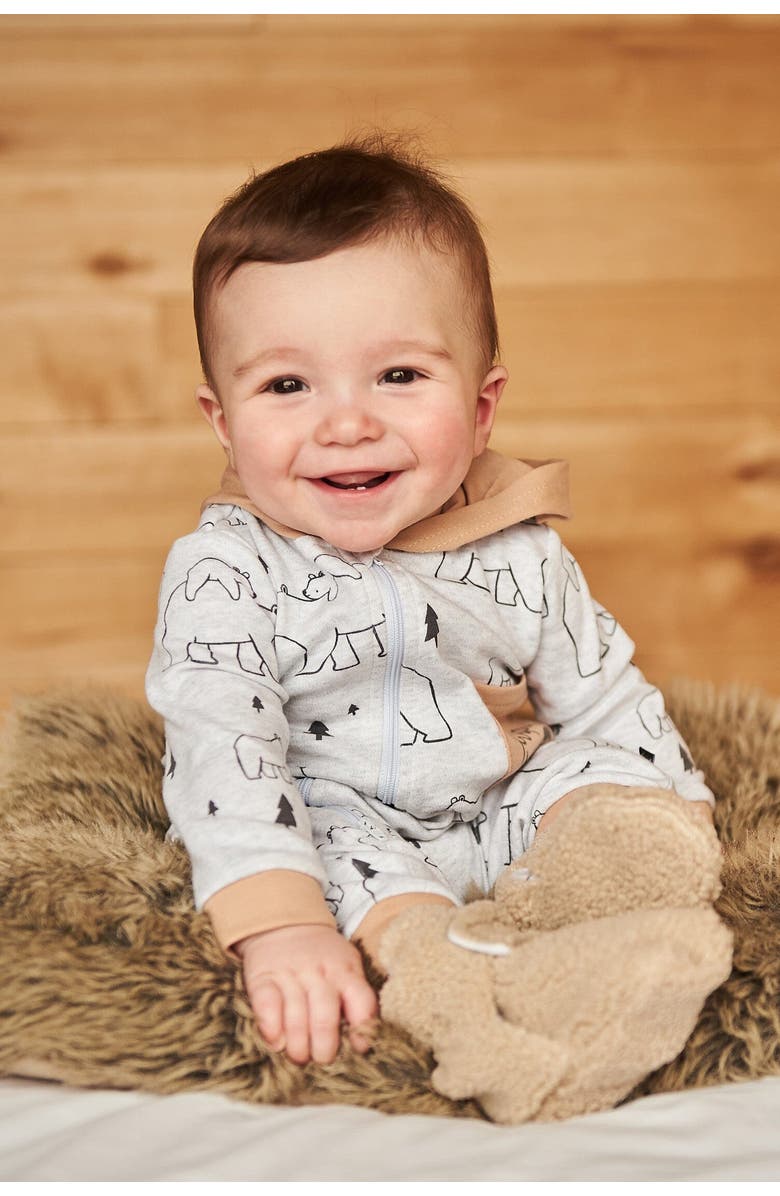 Deux par Deux Baby Boy's Organic Cotton Hooded Jumpsuit Gray Mix Printed Bears, Alternate, color, 