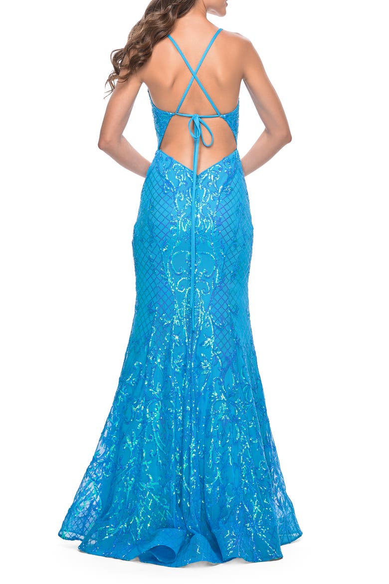 Neon Mermaid Print Sequin Dress with Lace Up Open Back, Alternate, color, Aqua