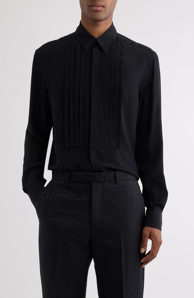 Givenchy Boxy Fit Pleated Plastron Silk Button-Up Shirt, Main, color, Black