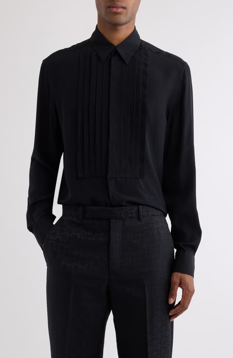 Boxy Fit Pleated Plastron Silk Button-Up Shirt