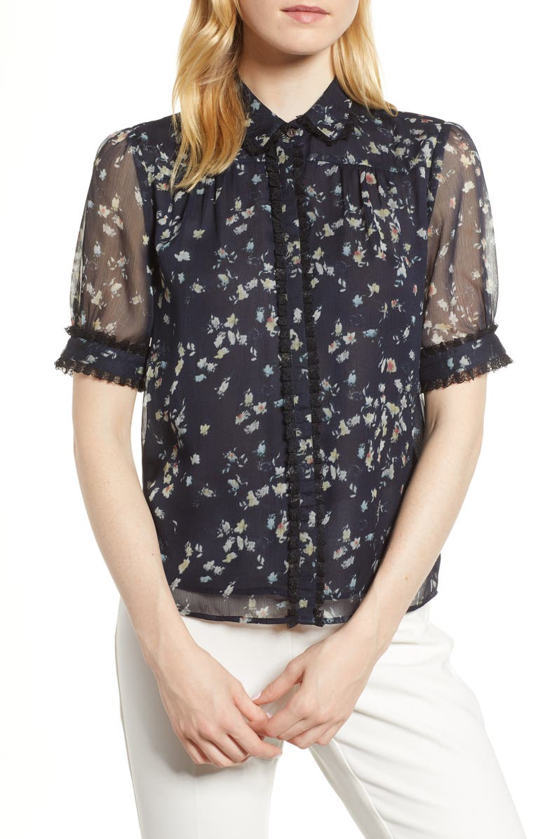 CeCe Floral Print Ruffle Trim Shirt, Main, color, 