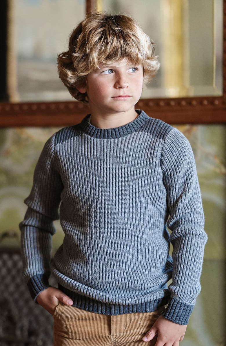 Hope & Henry Kids' Organic Long Sleeve Shoulder Detail Crewneck Pullover Sweater, Alternate, color, Gray Heather Colorblock