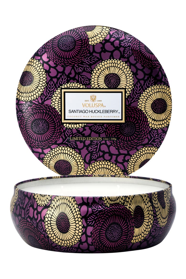 Japonica Santiago Huckleberry Three-Wick Decorative Tin Candle, Alternate, color, NO COLOR