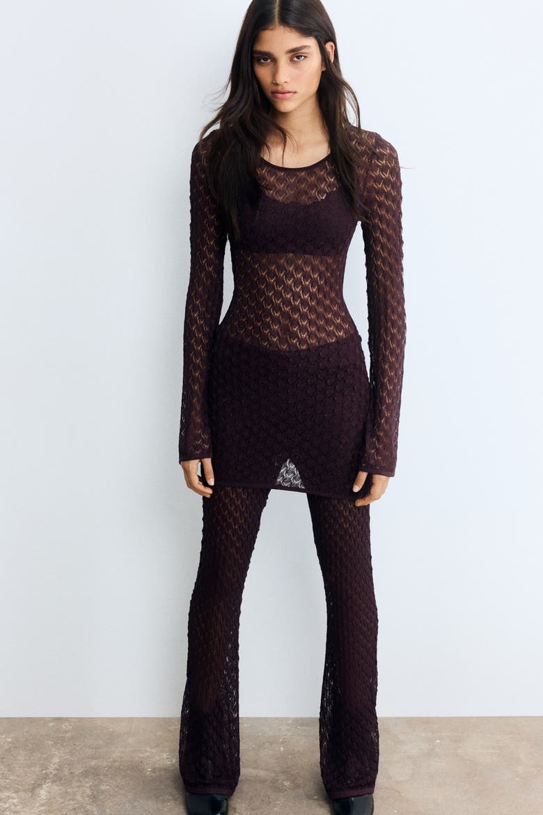 Shimmery Pointelle-knit Top, Alternate, color, Plum red