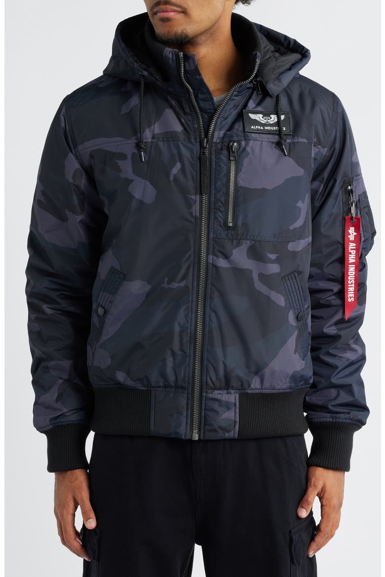 Hooded Rib Flight Jacket, Alternate, color, BLACK WOODLAND CAMO