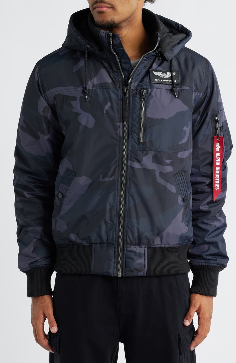 Alpha Industries Hooded Rib Flight Jacket, Alternate, color, Black Woodland Camo