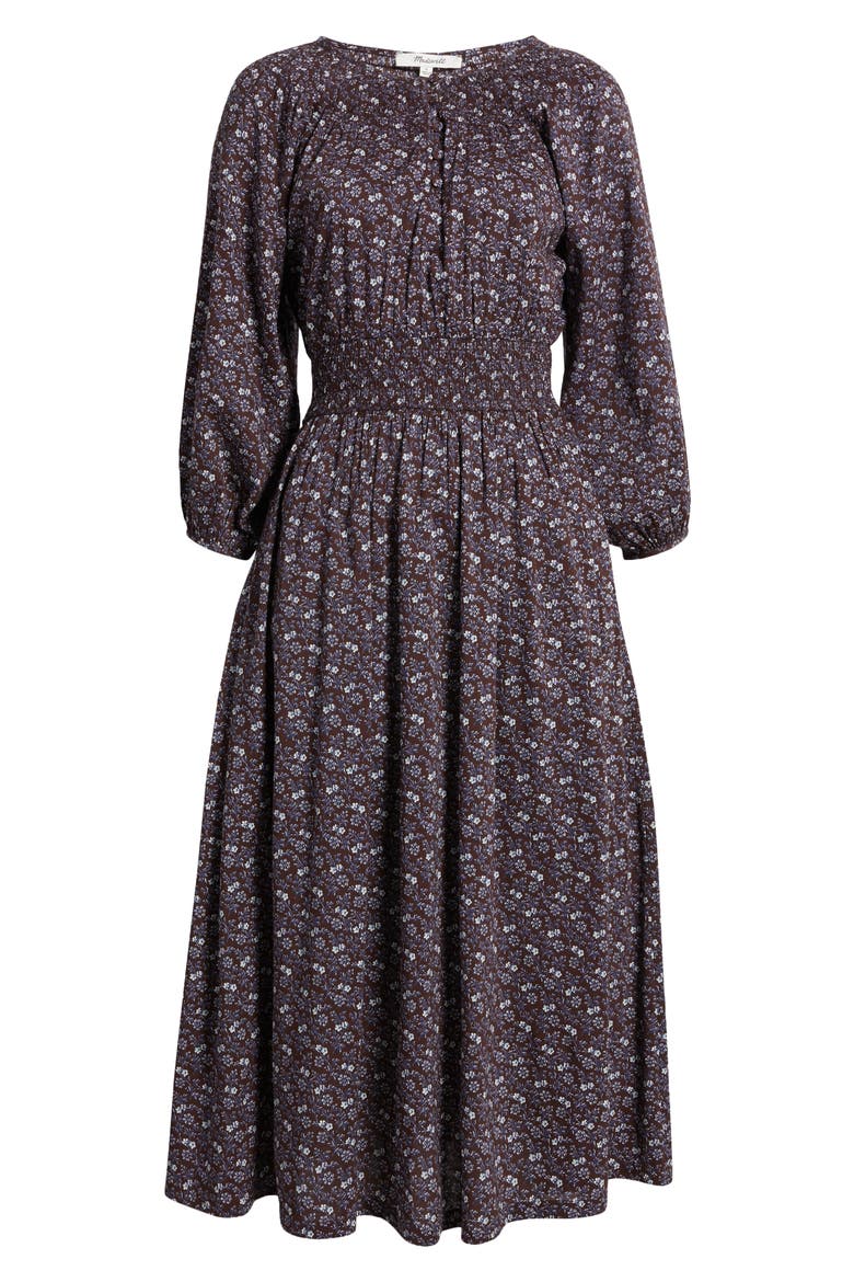 Shirred Splitneck Floral Midi Dress, Alternate, color, CHOCOLATE RAISIN