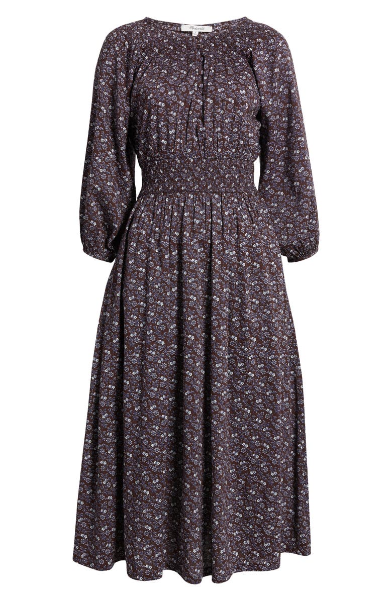 Madewell Shirred Splitneck Floral Midi Dress, Alternate, color, Chocolate Raisin
