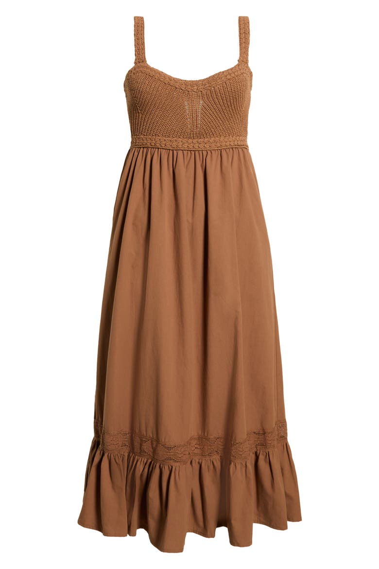 Jacquelin Mixed Media Back Cutout Midi Dress, Alternate, color, CAMEL