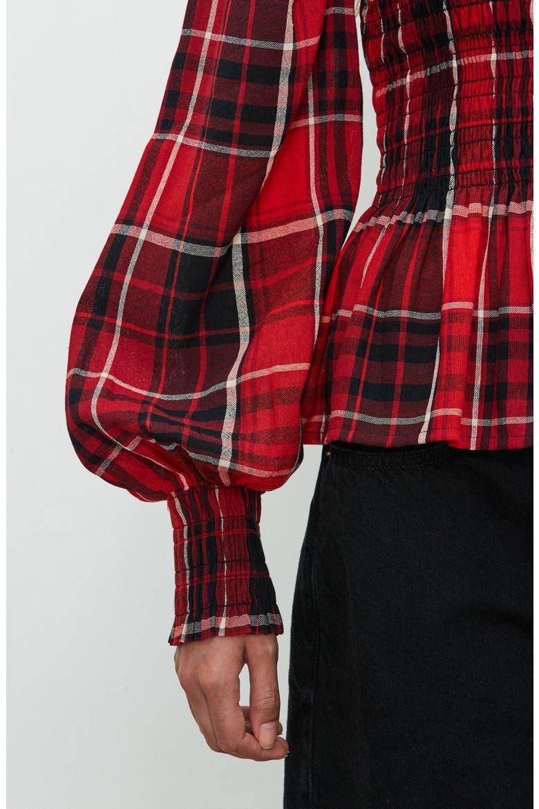 Plaid Smocked Peplum Cotton Blend Top, Alternate, color, RED