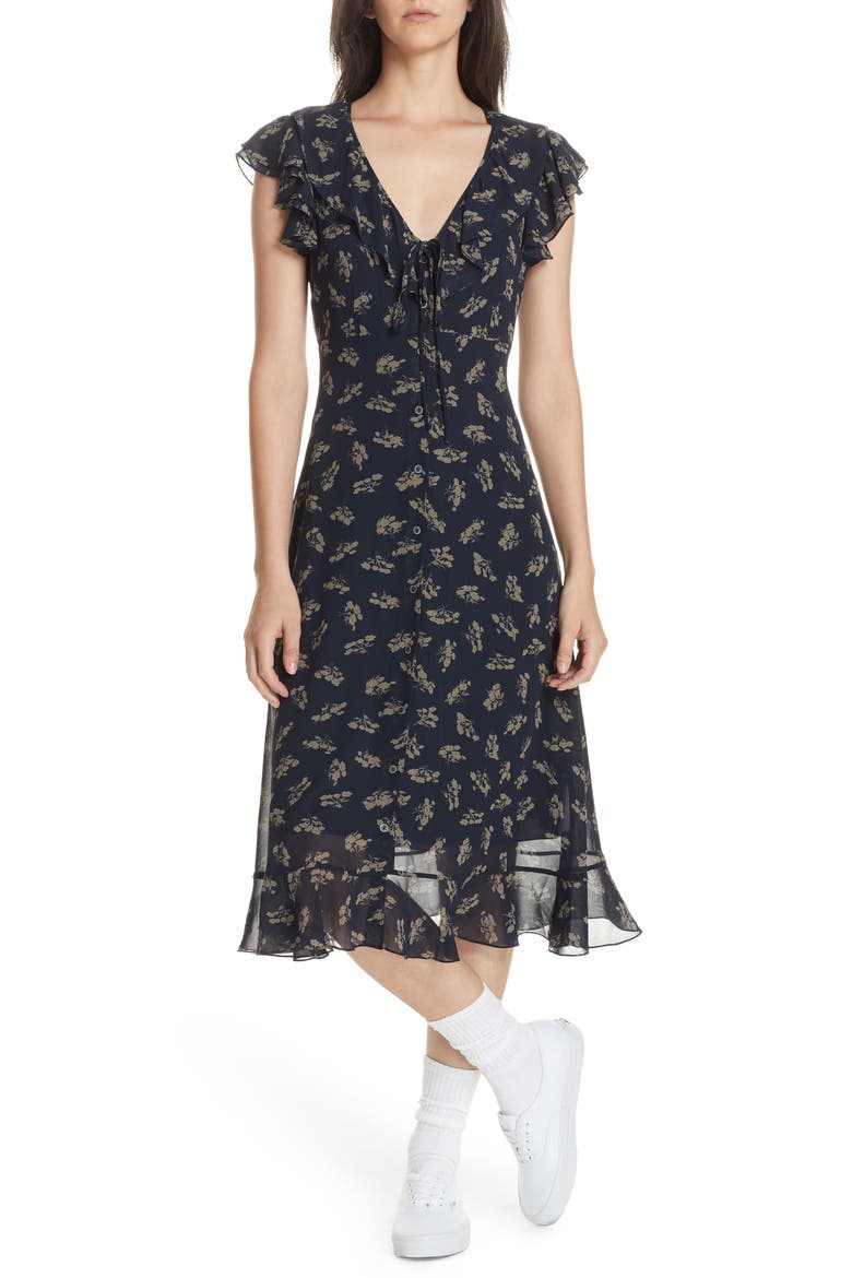 Ruffled Floral Midi Dress, Main, color, ETCHING FLORAL