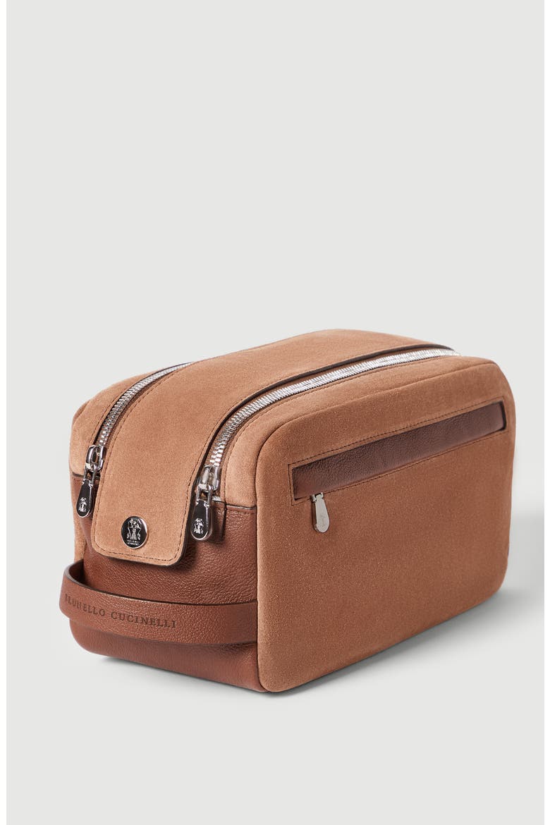 Suede and buffalo leather beauty case with double zipper, Alternate, color, Tobacco