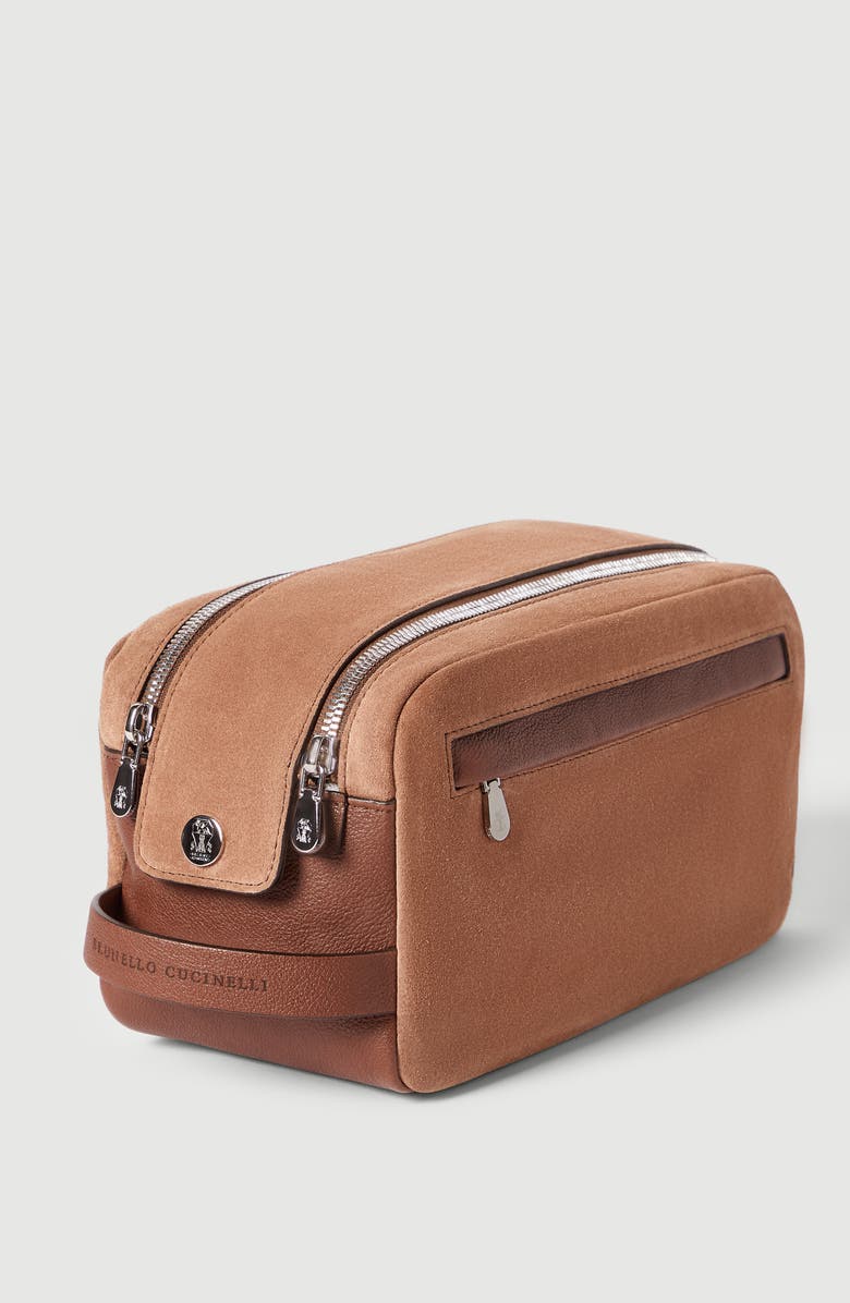 Brunello Cucinelli Suede and buffalo leather beauty case, Alternate, color, Tobacco