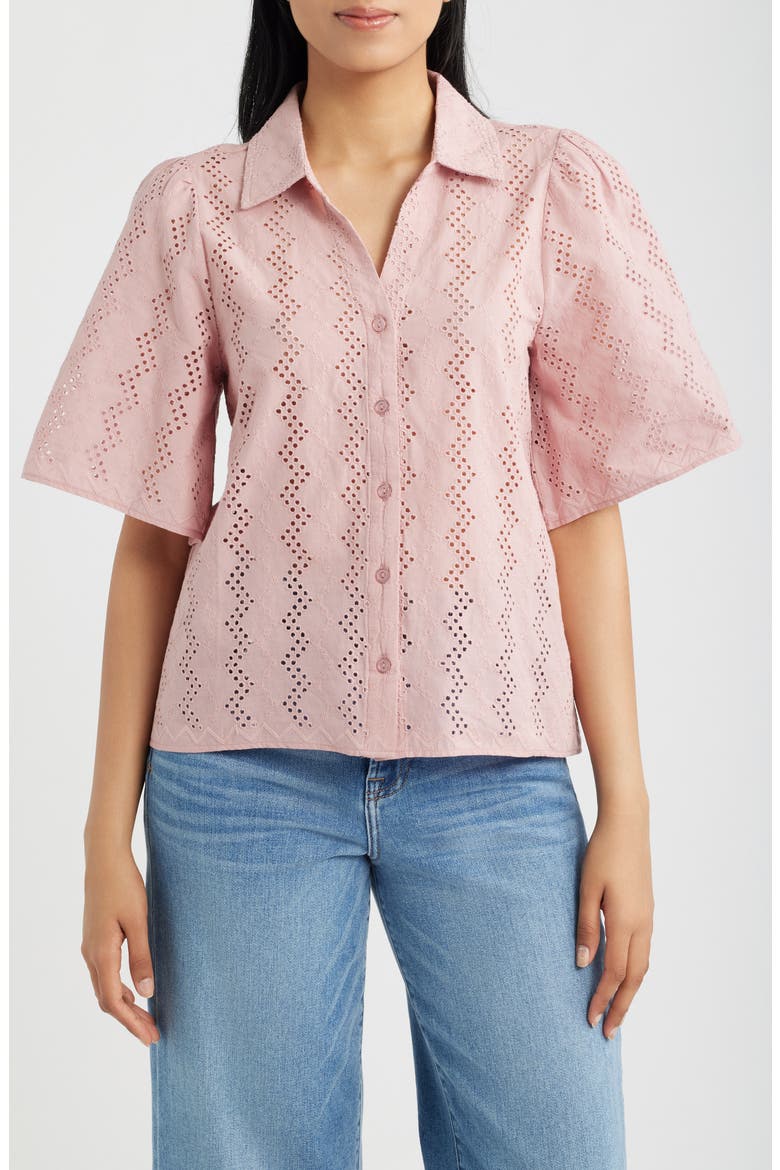 Eyelet Embroidered Button-Up Shirt, Main, color, DUSTY PINK