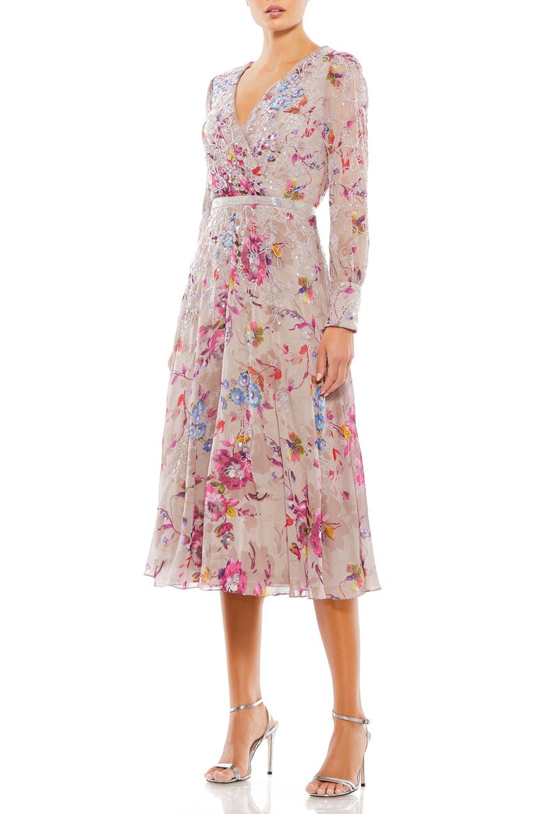 Long Sleeve Embellished Floral Midi Dress, Main, color, MAUVE MULTI