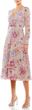 Mac Duggal Long Sleeve Embellished Floral Midi Dress
