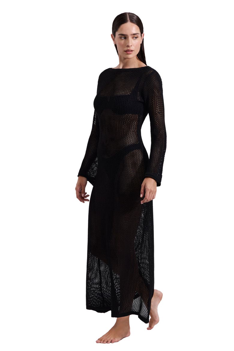 Monaco Net Crochet Maxi Beach Dress Cover-Up, Alternate, color, Black