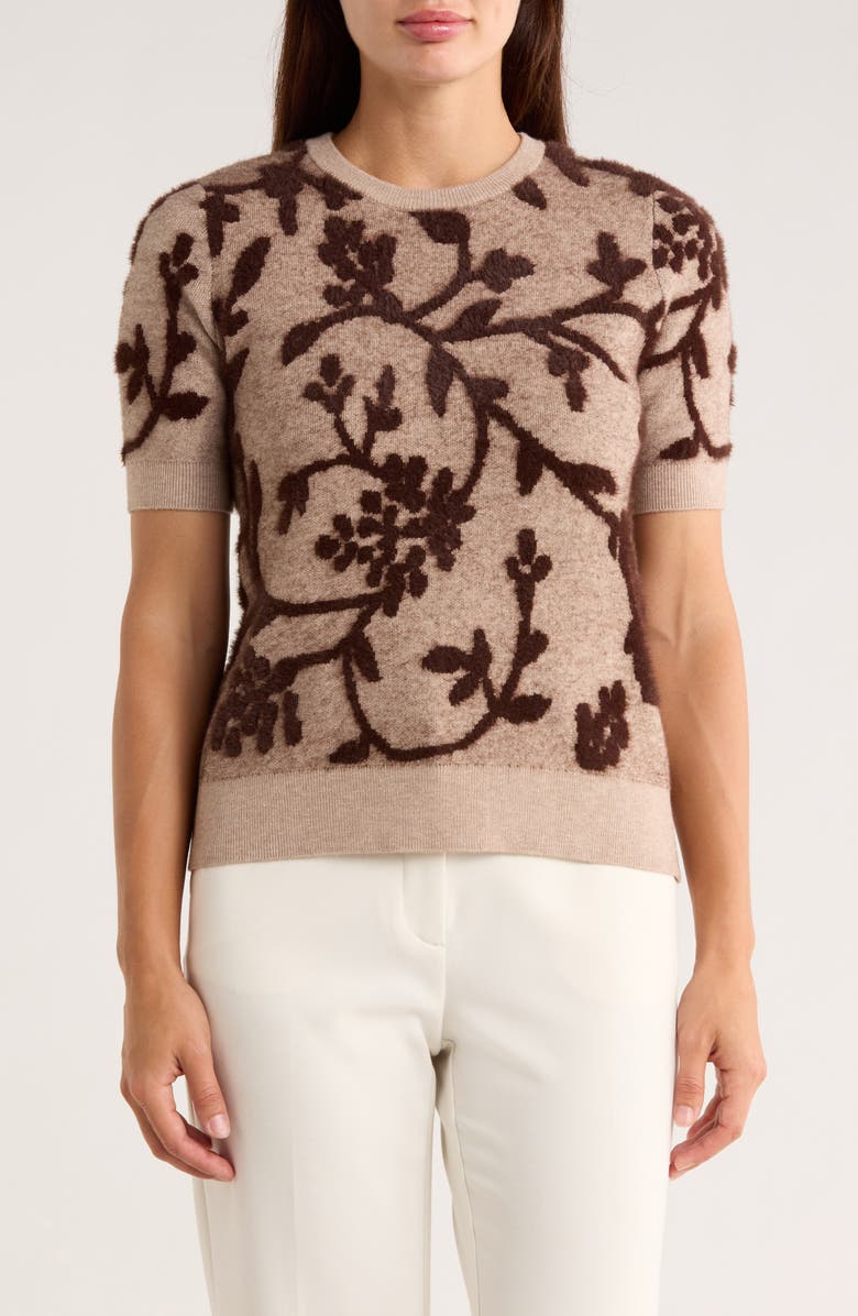 T Tahari Floral Jacquard Eyelash Short Sleeve Sweater, Main, color, Floral/ Maple Shadows Jacquard