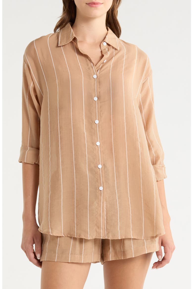 Stripe Oversize Cotton Button-Up Cover-Up Shirt, Alternate, color, TAN