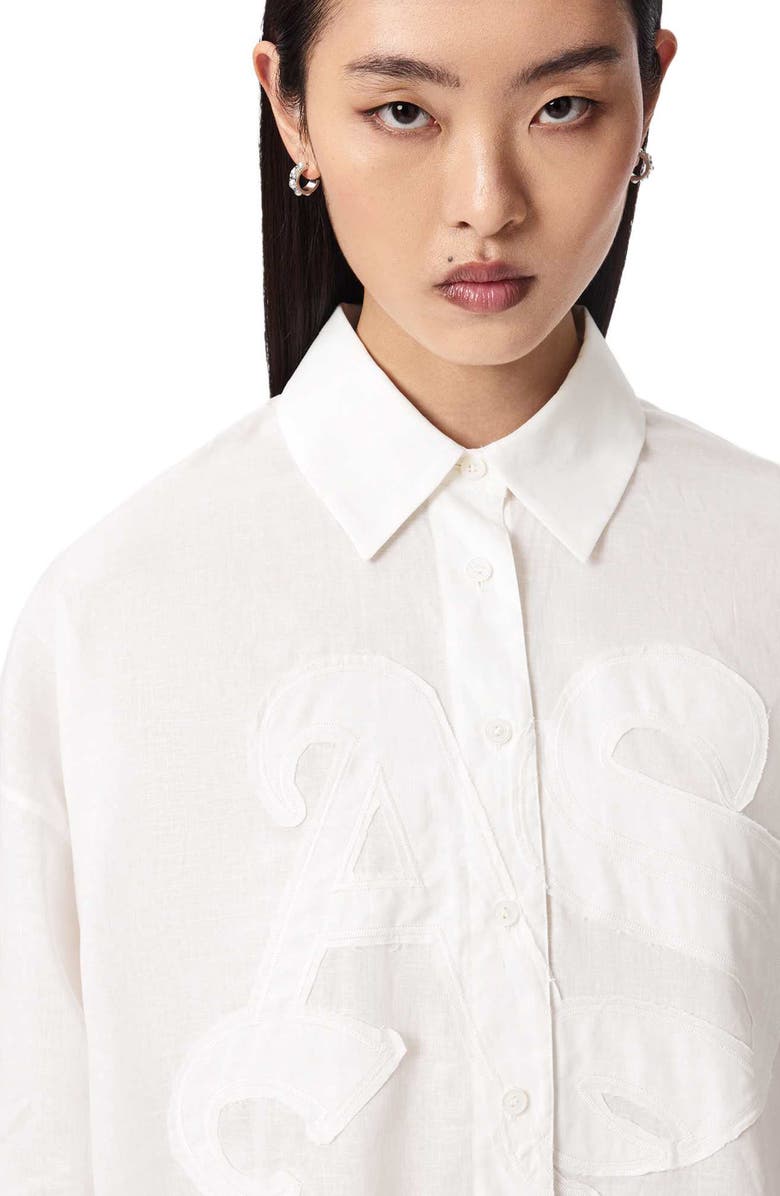 AllSaints Sparrow Embrodiered Logo Appliqué Linen & Cotton Button-Up Shirt, Alternate, color, Optic White