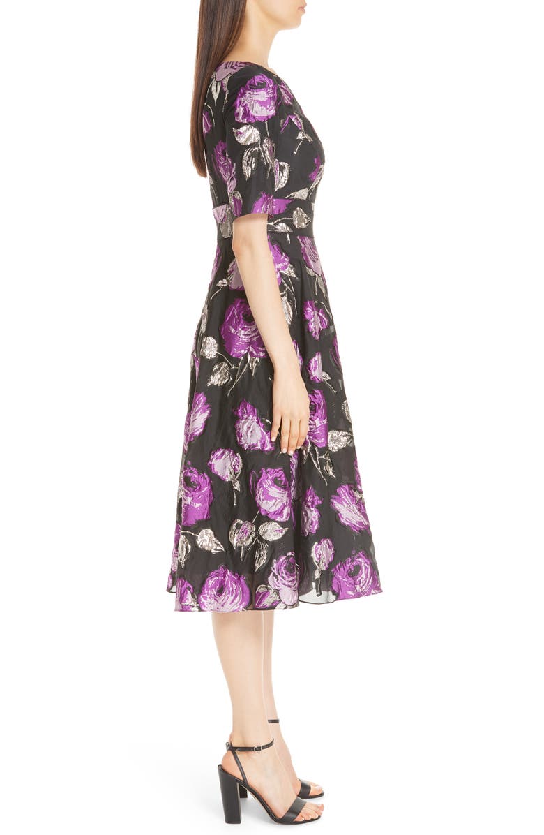 Lela Rose Metallic Floral Fil Coupé Fit & Flare Dress, Alternate, color, 