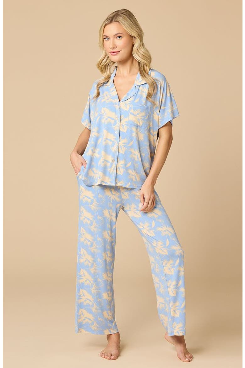 Soft Sleep Caftan Top and Cropped Pant Pajama Set, Main, color, Sky Blue Floral