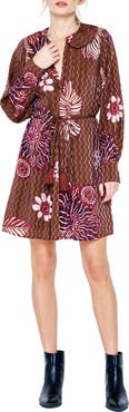 CIEBON Willow Print Tie Waist Long Sleeve Dress